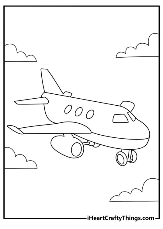 Toy coloring page for kids with a toy airplane flying over clouds