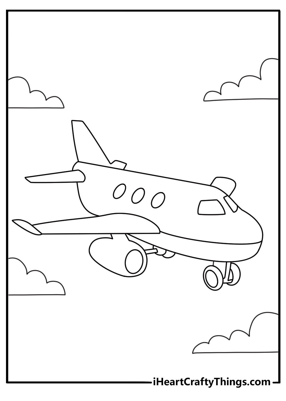 Toy coloring page for kids with a toy airplane flying over clouds