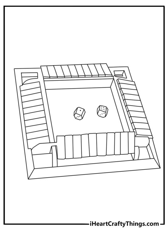Toy coloring page with a board game and dice on a table