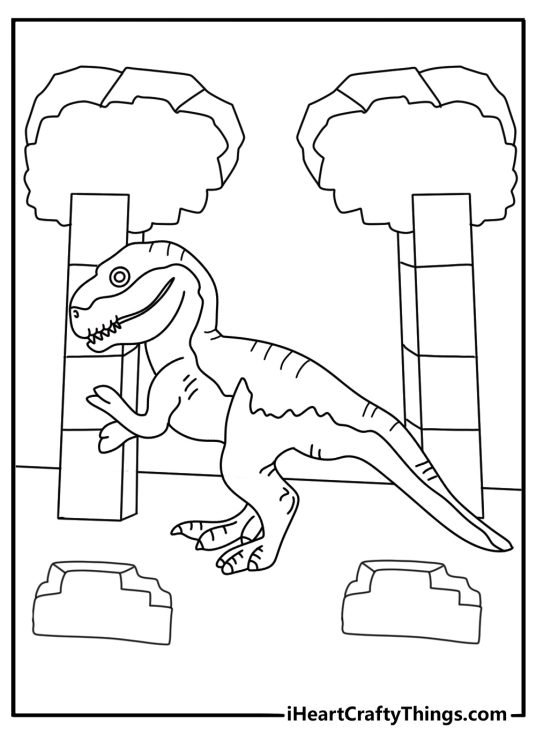 Toy coloring page with a toy dinosaur beside jungle blocks