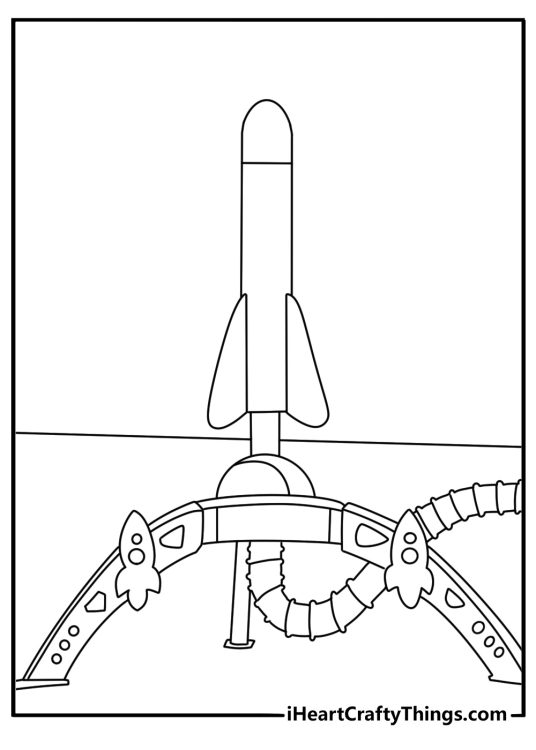 Toy coloring page with a toy rocket standing on a launch pad