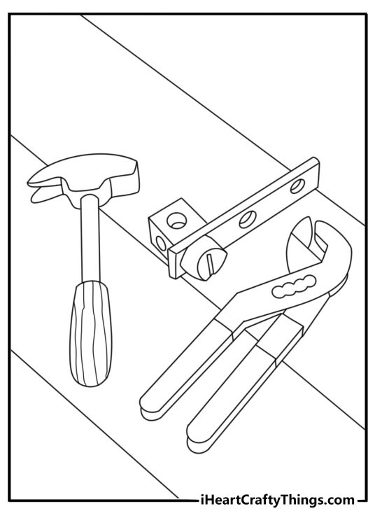 Toy coloring page with a toy toolbox and small wooden hammer
