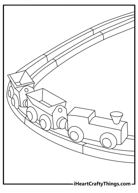 Toy coloring page with a wooden train pulling small cars on tracks