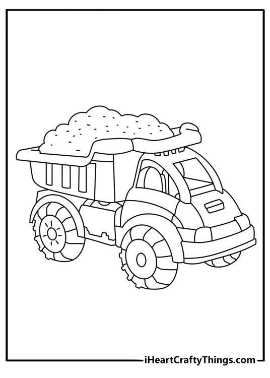 Toy coloring pages for kids with a toy dump truck carrying sand