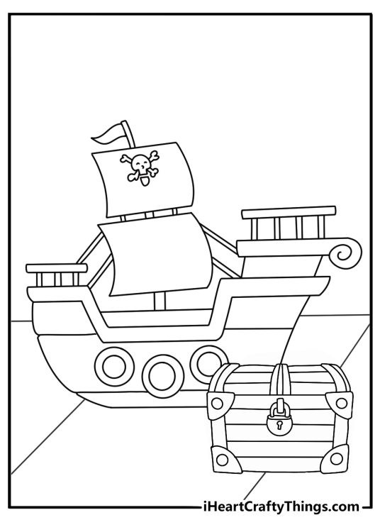 Toy coloring pages scene with a toy pirate ship and treasure chest