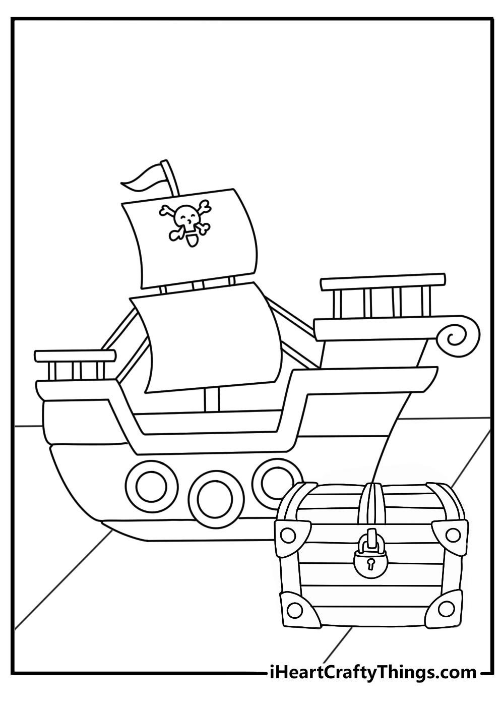 Toy coloring pages scene with a toy pirate ship and treasure chest