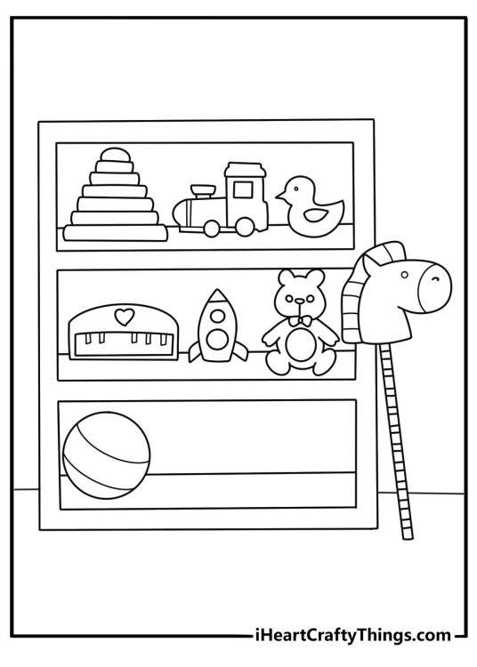 Toy coloring pages scene with a toy store shelf full of games