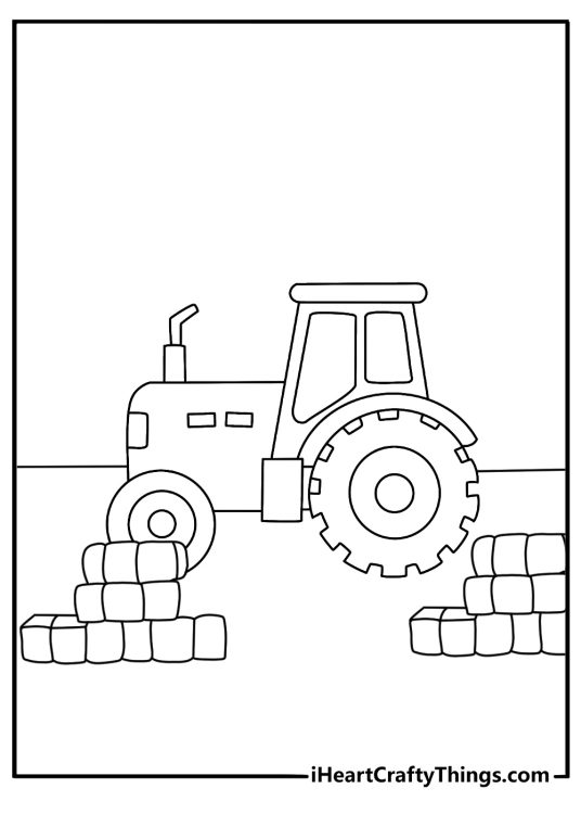 Toy coloring printable with a toy tractor beside a hay bale