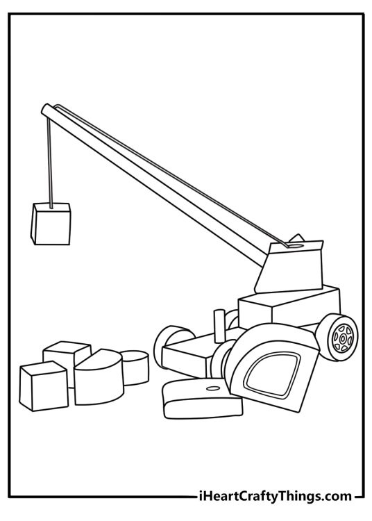 Toy coloring sheet with a toy crane lifting a wooden block
