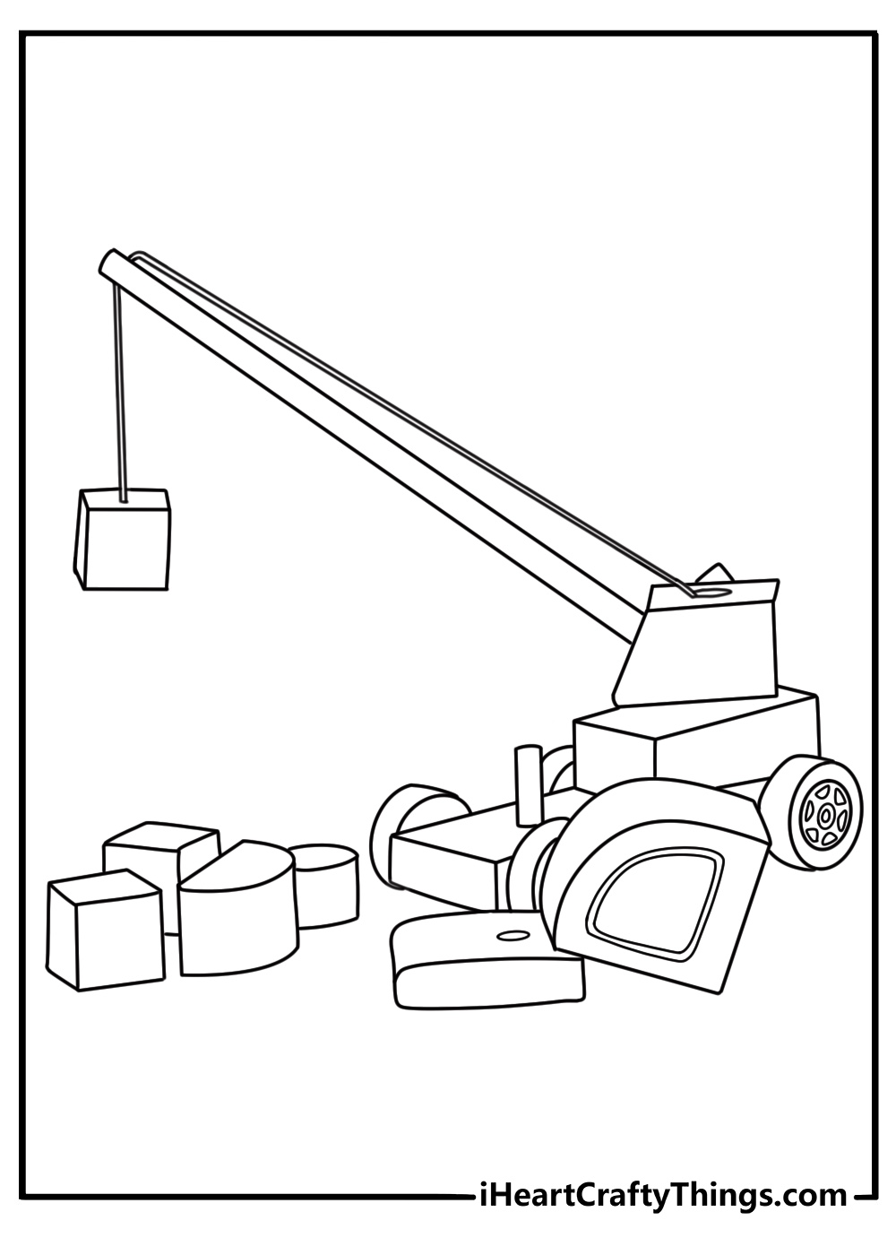 Toy coloring sheet with a toy crane lifting a wooden block