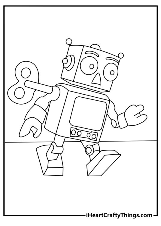 Toy coloring sheet with a wind up robot walking across a table