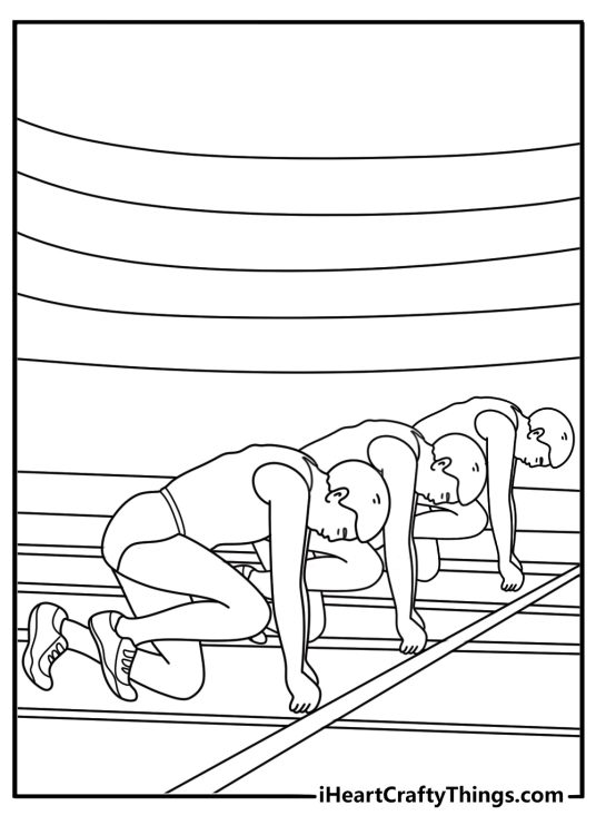 Track sprint blocks and numbered lanes with runner crouched coloring printable PDF