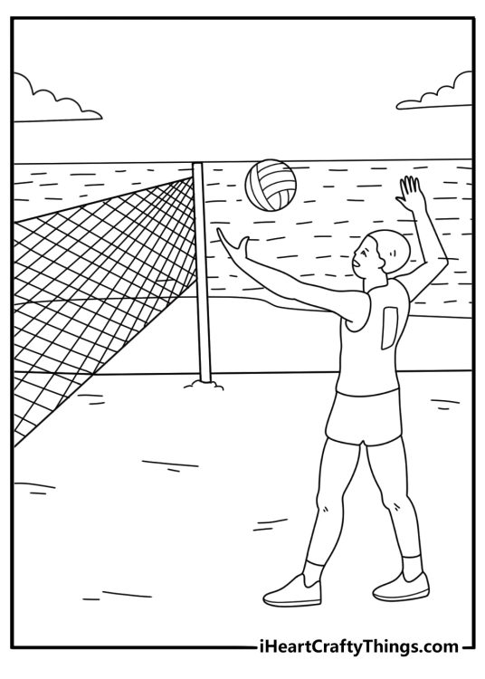 Volleyball court lines on beach with player ready to serve easy coloring sheet PDF