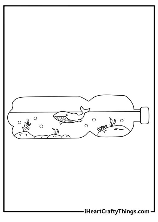 Whale in bottle ocean scene creative coloring sheet for kids