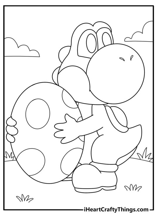 Yoshi carrying an egg through a grassy island easy coloring page pdf