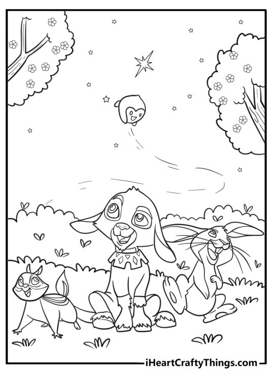 Animals looking up at Star in the sky free printable coloring page
