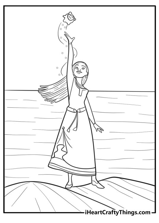 Asha and Star on a high mountain peak coloring sheet