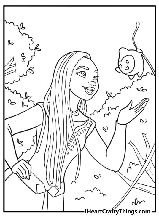 Asha and Star walking through the forest free coloring page PDF