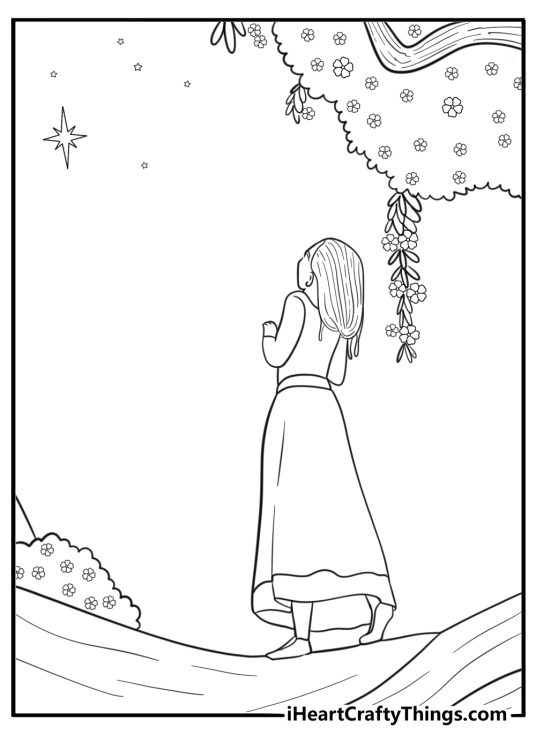 Asha exploring the hillside under moonlight free coloring page PDF
