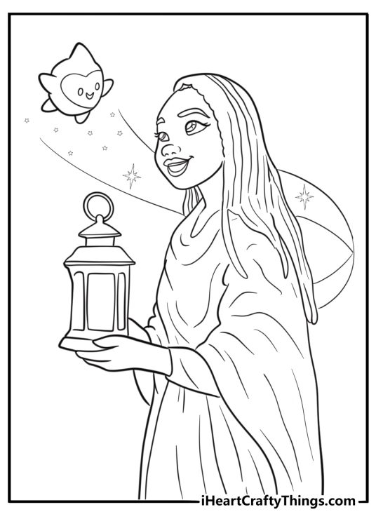 Asha holding a lantern with Star above coloring page