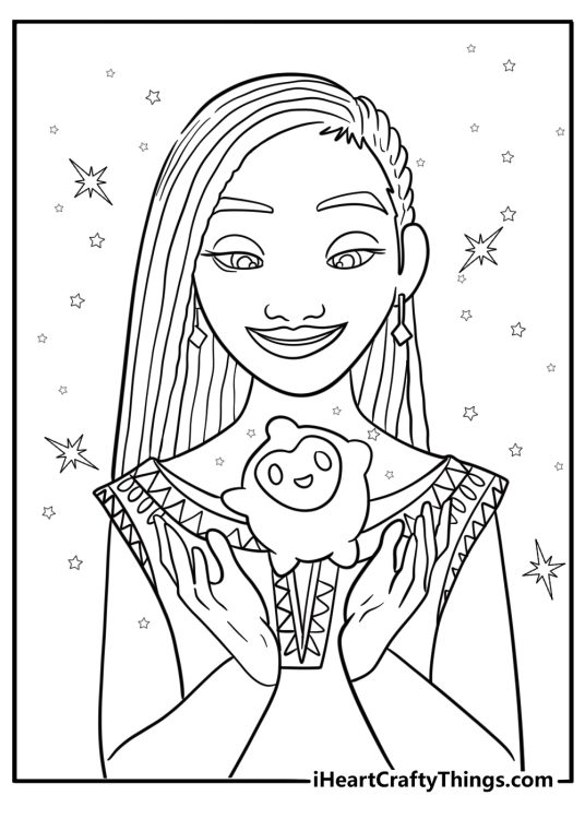 Asha making a wish on a star coloring page