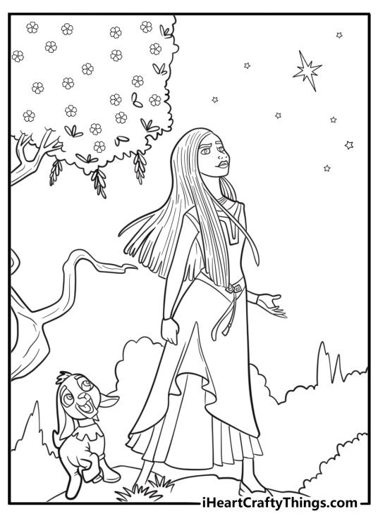Asha standing near the wishing tree printable coloring page