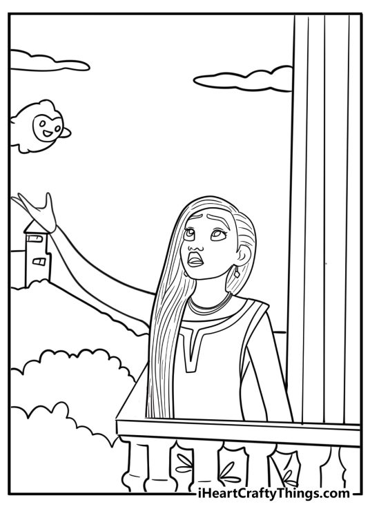 Asha standing on the balcony under the stars printable coloring page