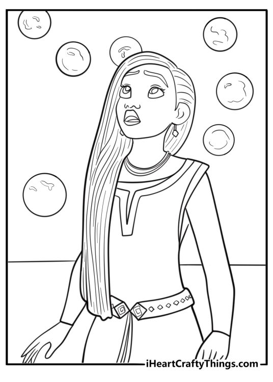 Asha surrounded by glowing wishes free coloring page PDF