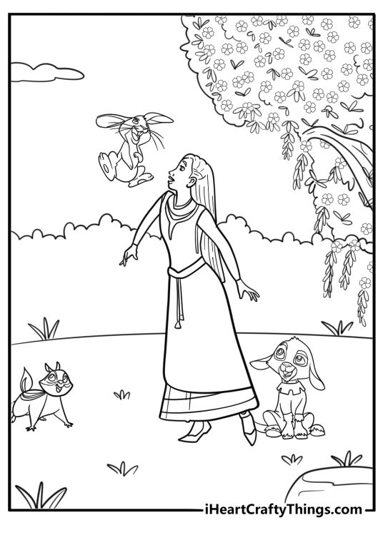Asha talking to animals in the forest fun coloring sheet