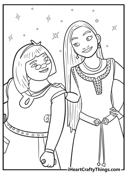 Asha with friends from the village free printable coloring page