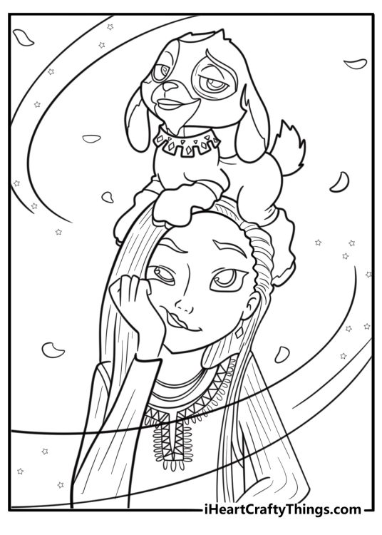 Asha with her goat Valentino detailed character coloring sheet