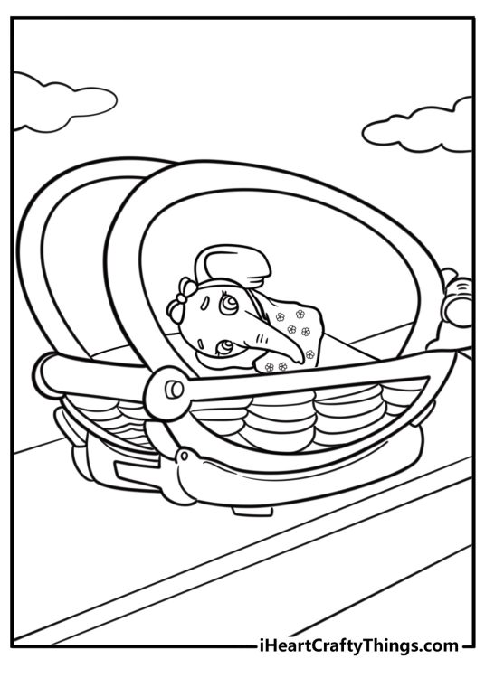 Baby elephant wrapped in a blanket inside delivery crate coloring page