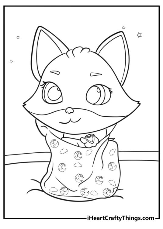 Baby fox hiding under a warm blanket coloring page