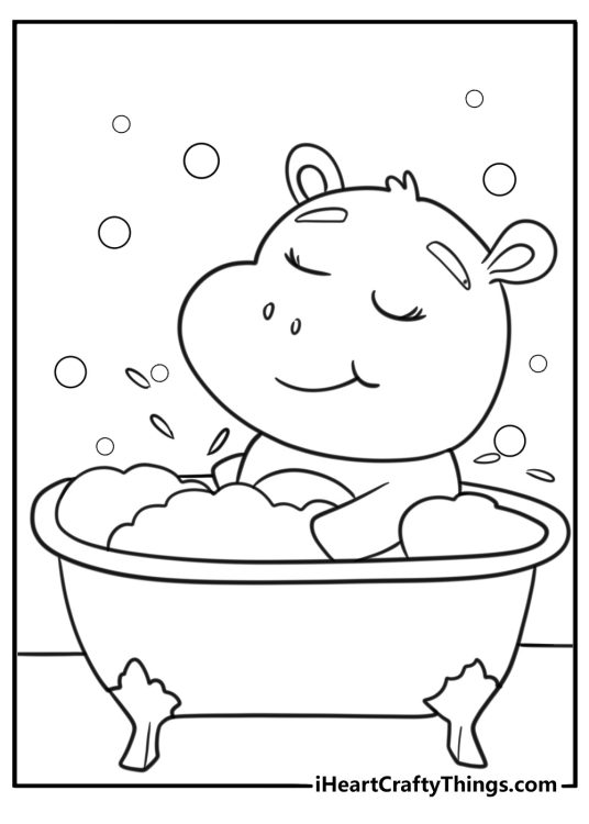 Baby hippo splashing in a tiny bathtub coloring page