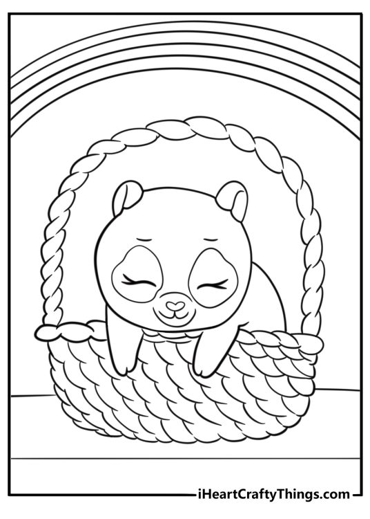 Baby panda sleeping in a cozy basket coloring page