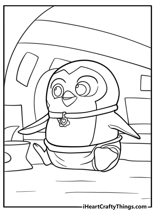 Baby penguin waddling near play mat coloring page