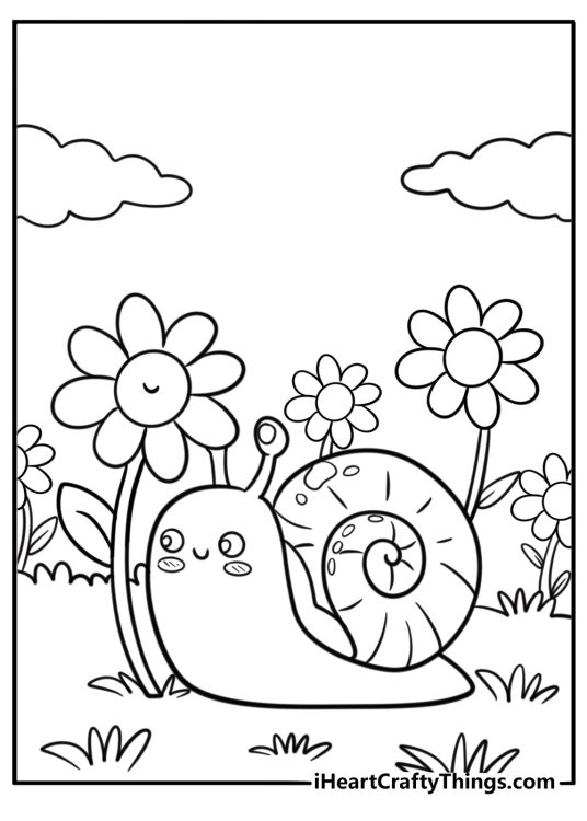 Baby snail next to a flower printable coloring sheet