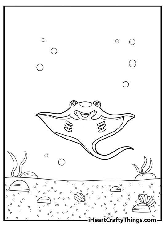 Baby stingray near sandy seabed detailed coloring sheet