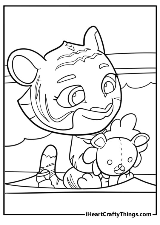 Baby tiger playing with soft toys in the playroom coloring page