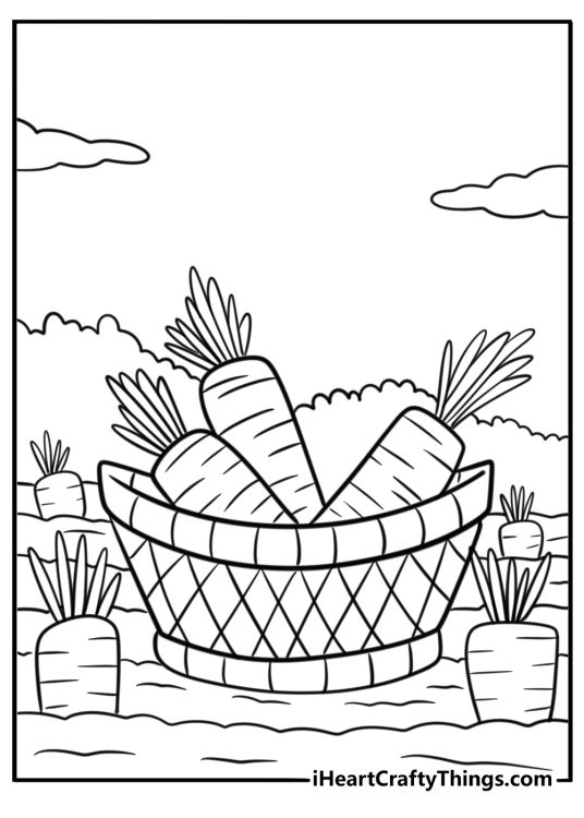 Basket full of carrots in the garden coloring page