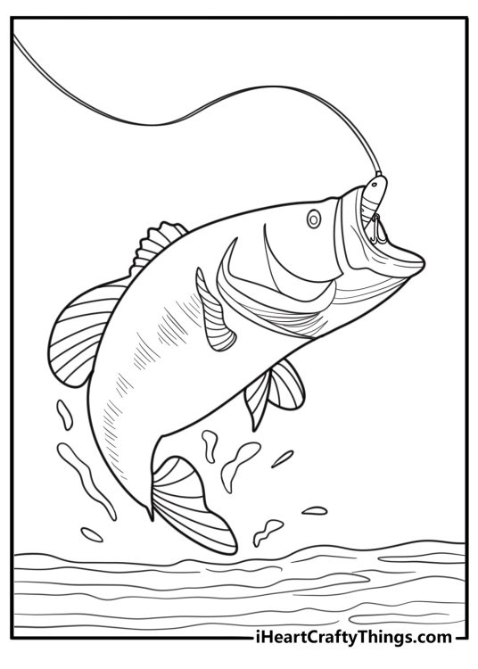 Bass caught on fishing line free coloring page pdf