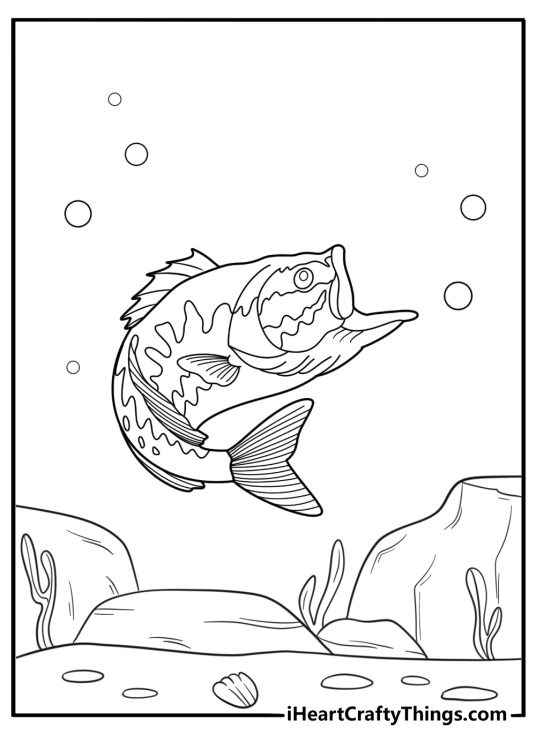 Bass in river current detailed coloring page for kids
