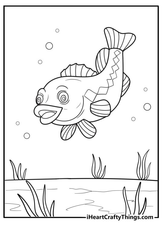 Bass in shallow water near grass coloring page