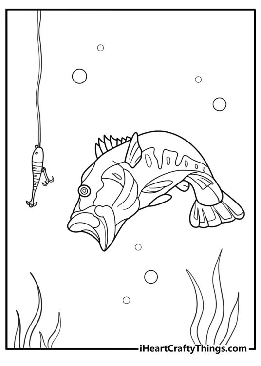 Bass next to fishing hook suspended in water coloring sheet