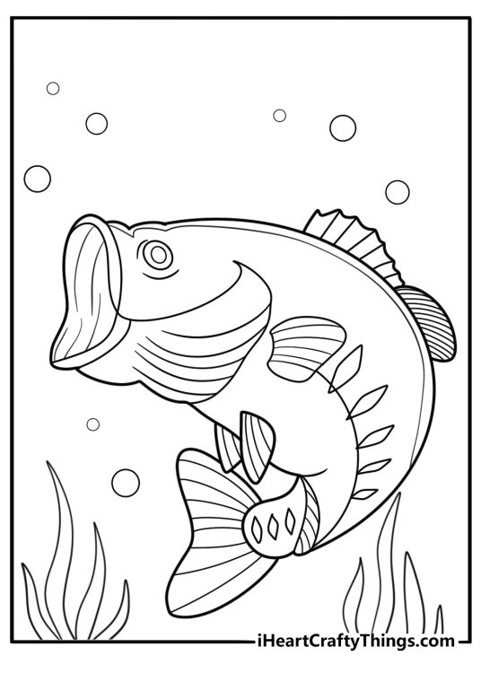 Bass underwater with bubbles around coloring sheet