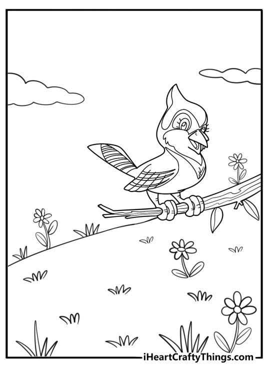 Blue jay in a spring garden kawaii cartoon coloring sheet