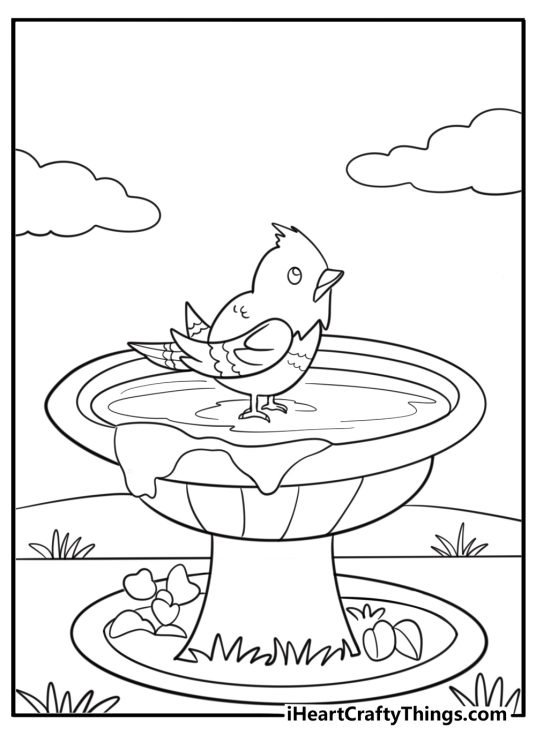 Blue jay on a birdbath easy cartoon coloring sheet