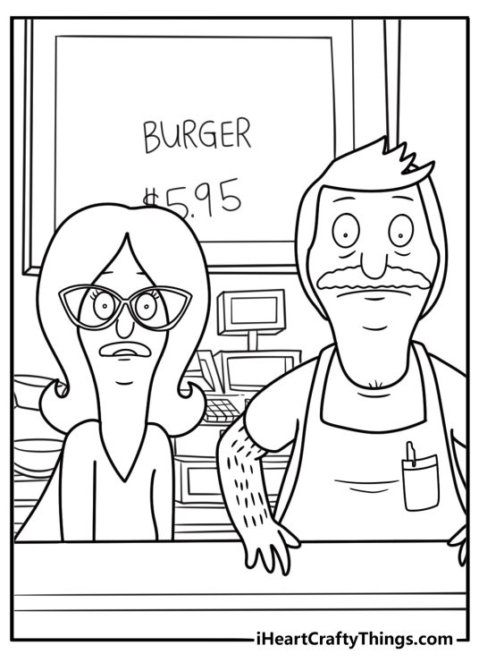 Bob and Linda working behind the counter coloring page