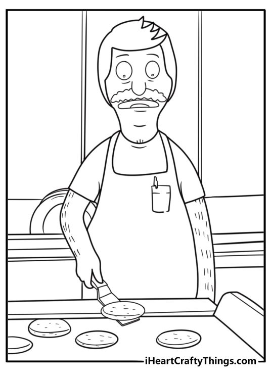 Bob flipping burgers on the grill coloring page
