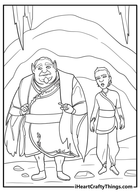 Bolinar and chilo walking through a dark magical cave coloring page